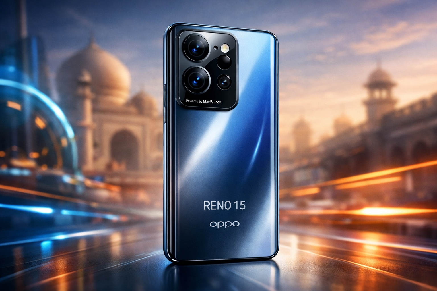 Oppo Reno 15 smartphone, showcasing its camera setup and sleek design, with a subtle Indian backdrop