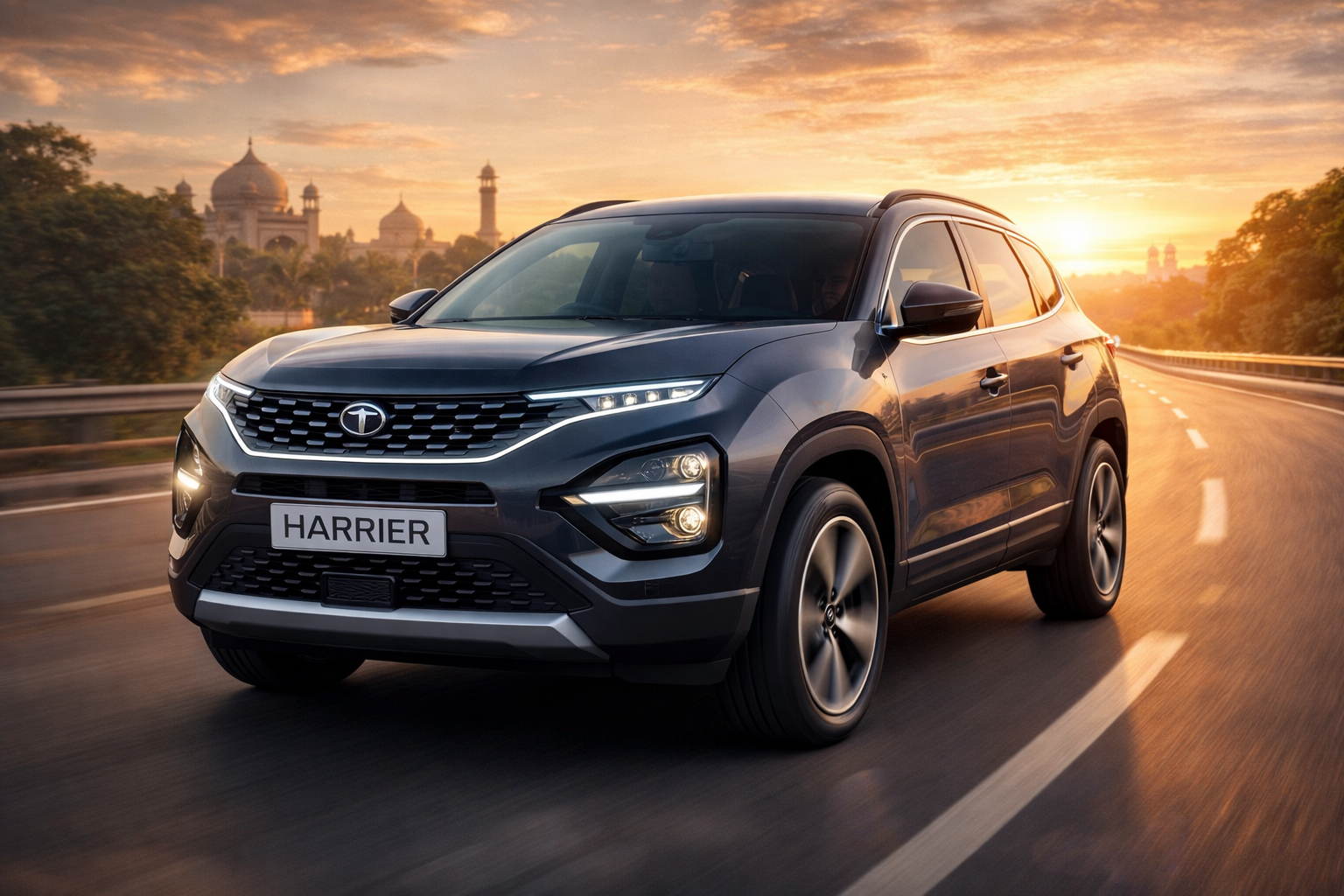2026 Tata Harrier SUV driving on an Indian highway at sunset, highlighting its modern design and advanced features.