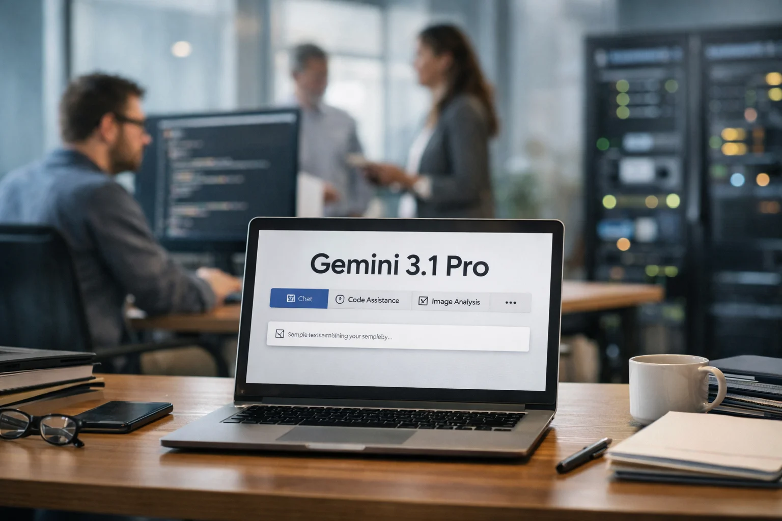 Laptop displaying Gemini 3.1 Pro AI interface on a desk in a modern office environment with developers working in the background.
